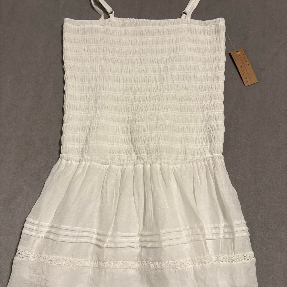 Just Found white mini dress with horizontal smocking and lace trim, size L